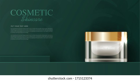 Cosmetics or skin care product ads with bottle, green background and shadow of leaf. vector design.