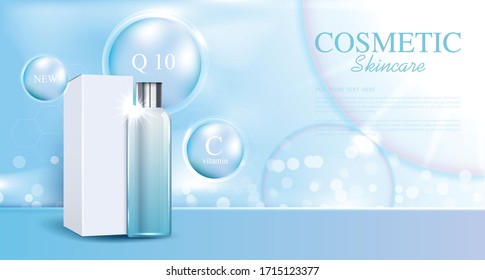 Los productos cosméticos o de cuidado de la piel con efecto luminoso de fondo azul botella y burbuja. diseño vectorial.