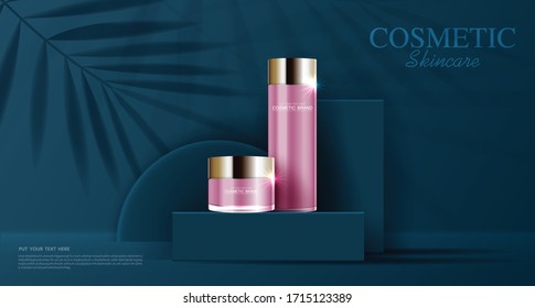 Cosmetics or skin care product ads with bottle, blue background and shadow of leaf. vector design.