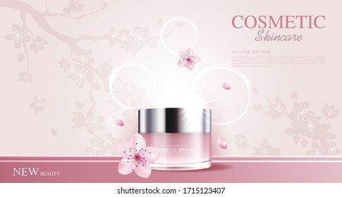 Cosmetics or skin care product ads with bottle and cherry blossoms background glittering light effect. vector design.