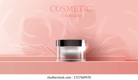 Cosmetics or skin care product ads with bottle, pink background and shadow of leaf. vector design.