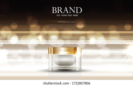 Cosmetics or skin care product ads with bottle and gold background glittering light effect. vector design.