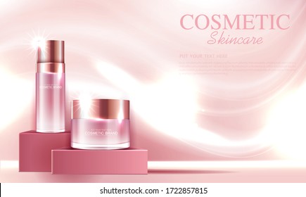 Cosmetics or skin care product ads with bottle and pink background glittering light effect. vector design.