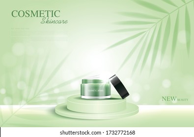 Cosmetics or skin care product ads with bottle, green background and shadow of leaf. vector design.