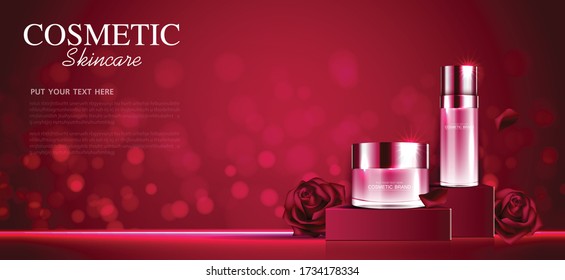 Cosmetics or skin care product ads with bottle, rose and red background glittering light effect. vector design.