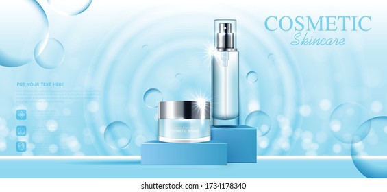 Cosmetics or skin care product ads with bottle, blue and water background glittering light effect. vector design.