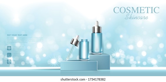 Cosmetics or skin care product ads with bottle and blue background glittering light effect. vector design.