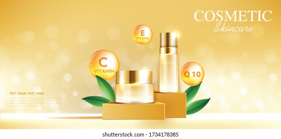 Cosmetics or skin care product ads with bottle, vitamin C, Q 10, vitamin E and orange background glittering light effect. vector design.