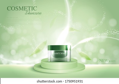 Cosmetics or skin care product ads with bottle, green tea and green background glittering light effect. vector design.