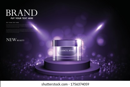 Cosmetics or skin care product ads with bottle, purple background glittering light effect. vector design.