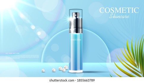 Cosmetics or skin care product ads with bottle and pearl, blue background with tropical leaves. vector illustration design.