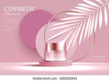 Cosmetics or skin care product ads with bottle, banner ad for beauty products , pink and leaf background glittering light effect. vector design.