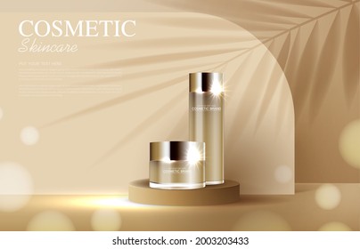 Cosmetics or skin care product ads with bottle, banner ad for beauty products , brown and leaf background glittering light effect. vector design.