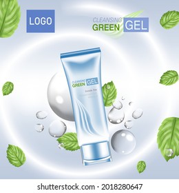 Cosmetics or skin care product ads with bottle, blue green leaves and green background glittering light effect. vector design.