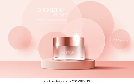 Cosmetics or skin care product ads with bottle, banner ad for beauty products , pink color background glittering light effect. vector design.