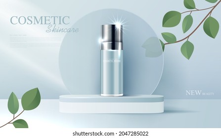 Cosmetics or skin care product ads with bottle, banner ad for beauty products and leaf background glittering light effect. vector design.