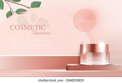 Cosmetics or skin care product ads with bottle, banner ad for beauty products and leaf background glittering light effect. vector design.