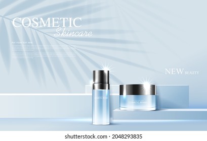 Cosmetics or skin care product ads with bottle, banner ad for beauty products and leaf background glittering light effect. vector design.