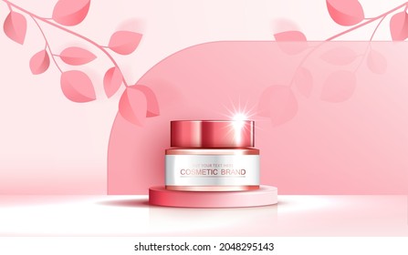 Cosmetics or skin care product ads with bottle, banner ad for beauty products and leaf background glittering light effect. vector design.