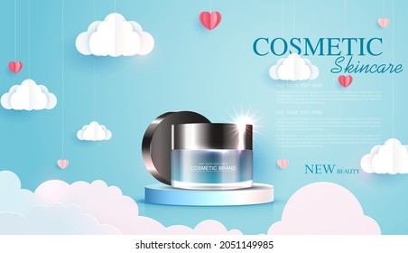 Cosmetics or skin care product ads with bottle, banner ad for beauty products with paper art of love and valentine day with paper heart and cloud. vector design.