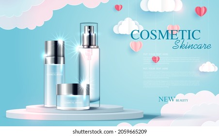 Cosmetics or skin care product ads with bottle, banner ad for beauty products with paper art of love and valentine day with paper heart and cloud. vector design.