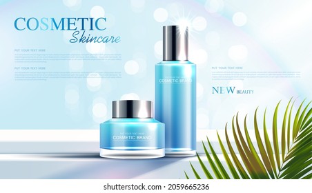 Anuncios de productos cosméticos o de cuidado de la piel con botella, pancarta y productos de belleza y efecto luminoso de fondo de hoja. diseño vectorial.