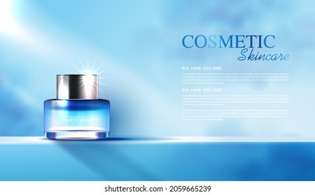 Cosmetics or skin care product ads with bottle, banner ad for beauty products and sky background glittering light effect. vector design.