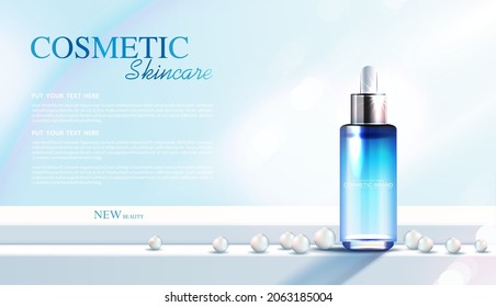 Cosmetics or skin care product ads with bottle, banner ad for beauty products, leaf and pearl background glittering light effect. vector design.