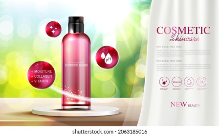 Cosmetics or skin care product ads with bottle, banner ad for beauty products, wooden surface in front of window and curtain on background for natural product display. vector design.