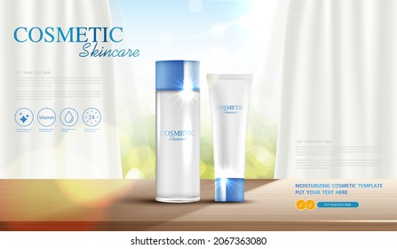 Cosmetics or skin care product ads with bottle, banner ad for beauty products, wooden surface in front of window and curtain on background for natural product display. vector design.