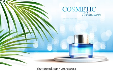 Cosmetics or skin care product ads with bottle, banner ad for beauty products and leaf background glittering light effect. vector design.