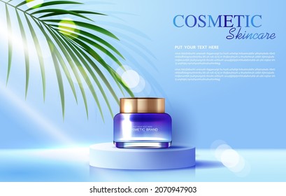 Cosmetics or skin care product ads with bottle, banner ad for beauty products and leaf background glittering light effect. vector design.