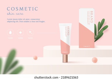 Cosmetics and skin care product ads template on pink background with leaves.