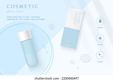 Cosmetics and skin care product ads template on blue background with water drop.