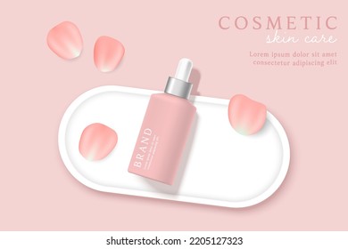 Cosmetics and skin care product ads template on pink background with petals.