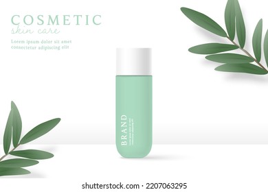 Cosmetics and skin care product ads template on white background with leaves.