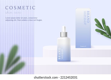 Cosmetics and skin care product ads template on purple background with leaves.