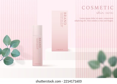 Cosmetics and skin care product ads template on pink background with leaves.