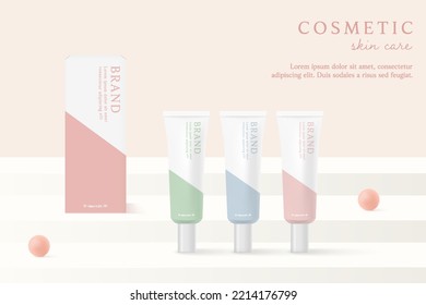 Cosmetics and skin care product ads template on stage background.