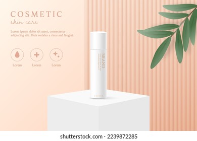 Cosmetics and skin care product ads template on orange background with leaves.