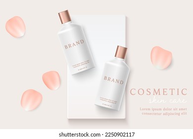 Cosmetics and skin care product ads template on beige background with petals.