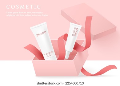 Cosmetics and skin care product ads template on pink background with gift box and ribbon.