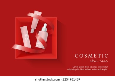 Cosmetics and skin care product ads template on red background with gift box and ribbon.
