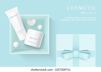 Cosmetics and skin care product ads template on blue background with gift box and ribbon.