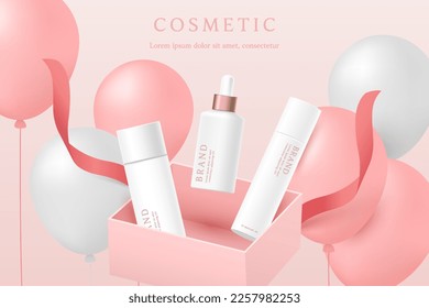 Cosmetics and skin care product ads template in pink gift gift box with ribbon and balloons.