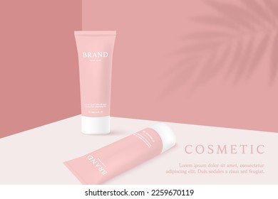 Cosmetics and skin care product ads template on pink background with shadow.