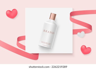 Cosmetics and skin care product ads template on pink background with ribbon and heart shape.