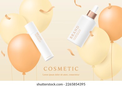 Plantilla de anuncios de productos cosméticos y de cuidado de la piel sobre fondo amarillo con confeti y globos.