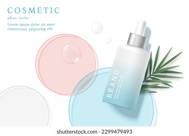 Plantilla de anuncios de productos cosméticos y de cuidado de la piel sobre fondo blanco con hojas.