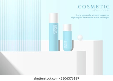 Cosmetics and skin care product ads template on blue background.